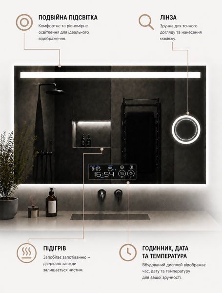 Дзеркало DELIA з LED-підсвіткою + сенсорне керування + підігрів + годинник + лінза + температура + дата 2318 фото